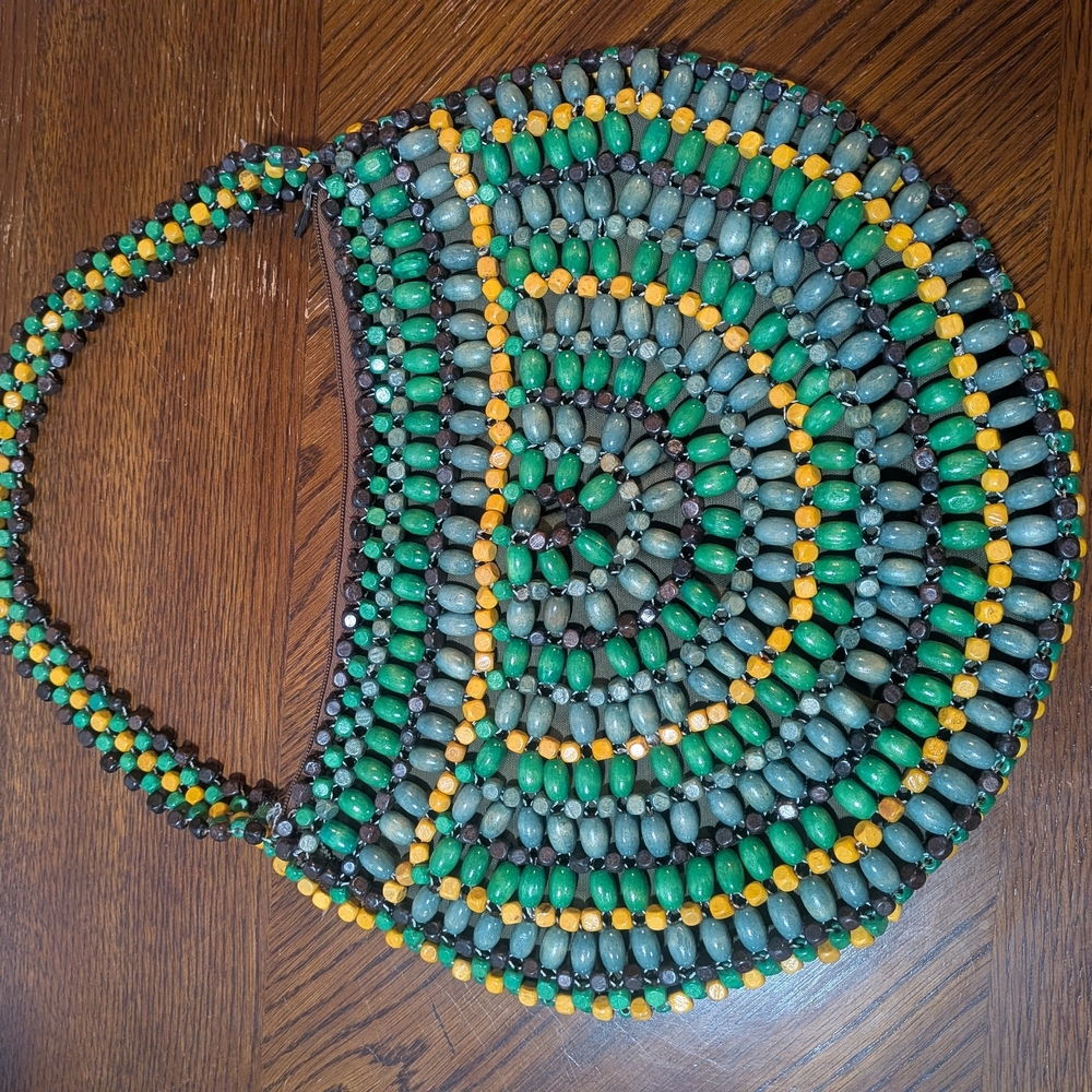 Handcrafted Beaded Shoulder Bag in Green and Yellow